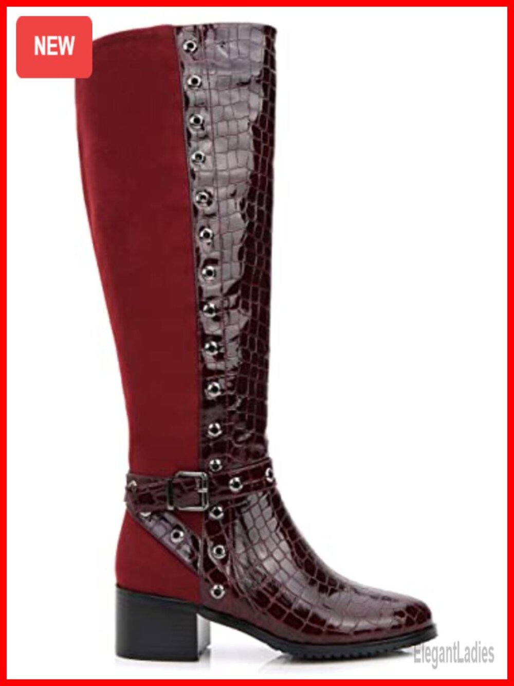 Knee-High Crocodile Print Stacked Heel Boots Faux Leather